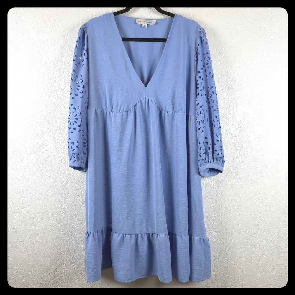 NWT EMMA & MICHELE Blue V Neck Tiered‎ Dress Cottagecore Feminine Balletcore XL
